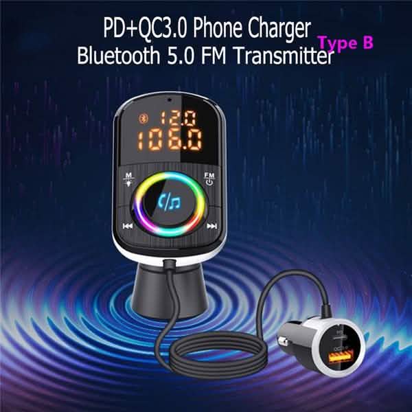 PD18WとQC3.0 Bluetooth 5.0 カーラジオアダプター デュアル高速充電ポート ワイヤレスFMオーディオハンズフリーカーキットレシーバー