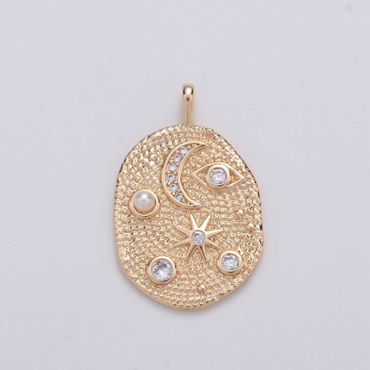 Pearl and Micro Pave Clear CZ Planet in the Ovum Pendant 14K Gold Filled Charm, Star, Crescent Moon, Galaxy, DIY Jewelry Necklace Making | D-738