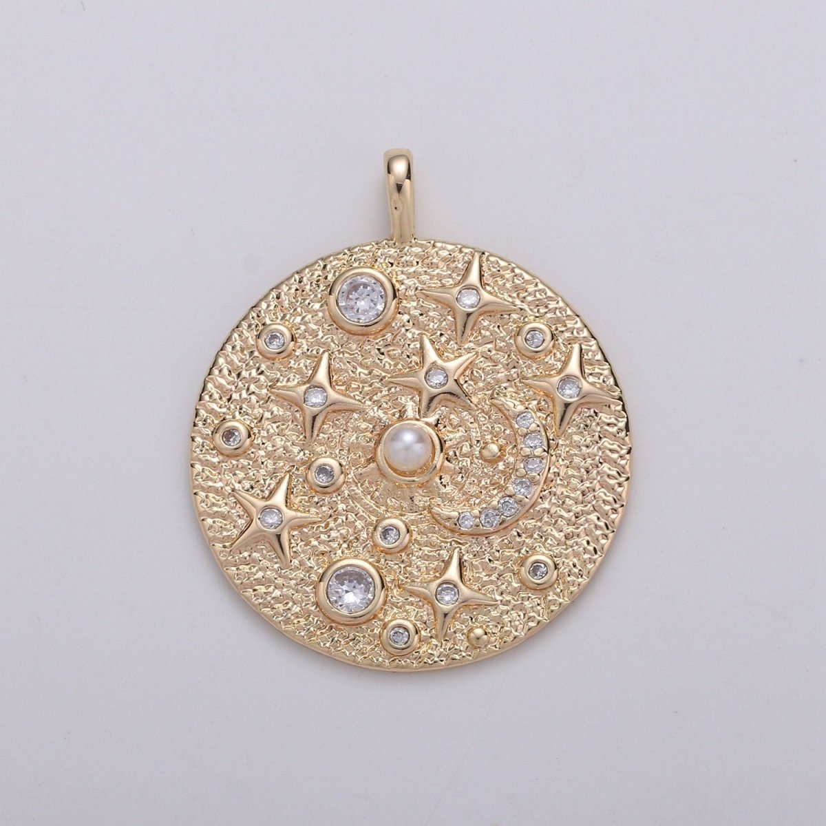 Pearl and Micro Pave CZ Planet in the Universe Round Pendant 14K gold Filled Charm, Star, Cresent Moon, Galaxy, DIY Jewelry Necklace making D-736