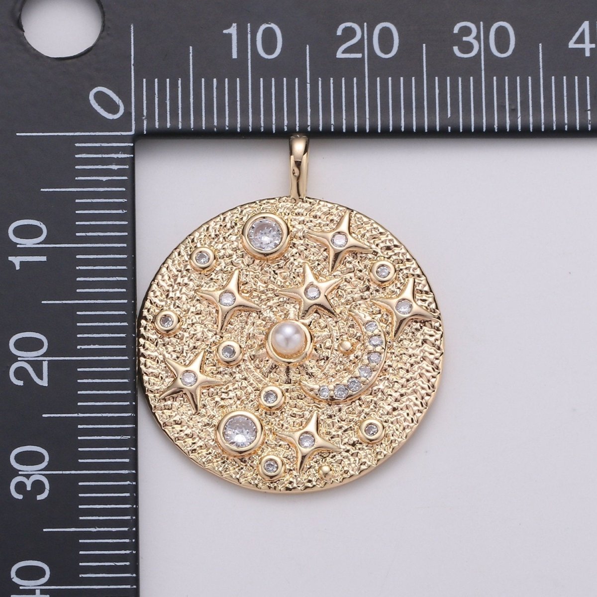 Pearl and Micro Pave CZ Planet in the Universe Round Pendant 14K gold Filled Charm, Star, Cresent Moon, Galaxy, DIY Jewelry Necklace making D-736