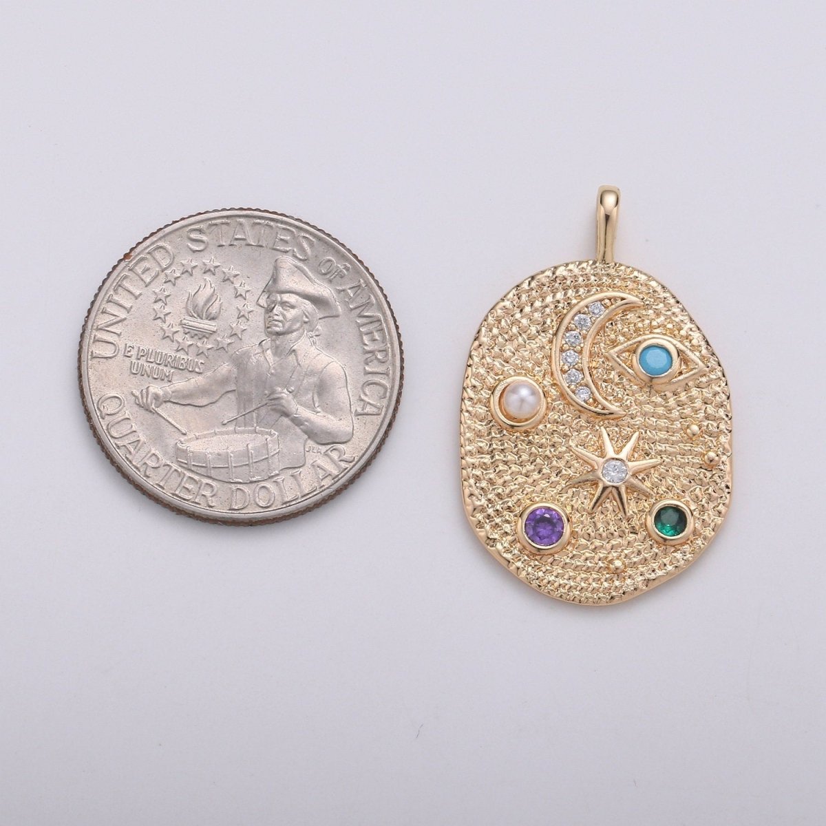 Pearl and Multi color CZ Planet in the Ovum Universe Pendant 14K gold Filled Charm, Star, Crescent Moon, Galaxy, DIY Jewelry Necklace making, D-739