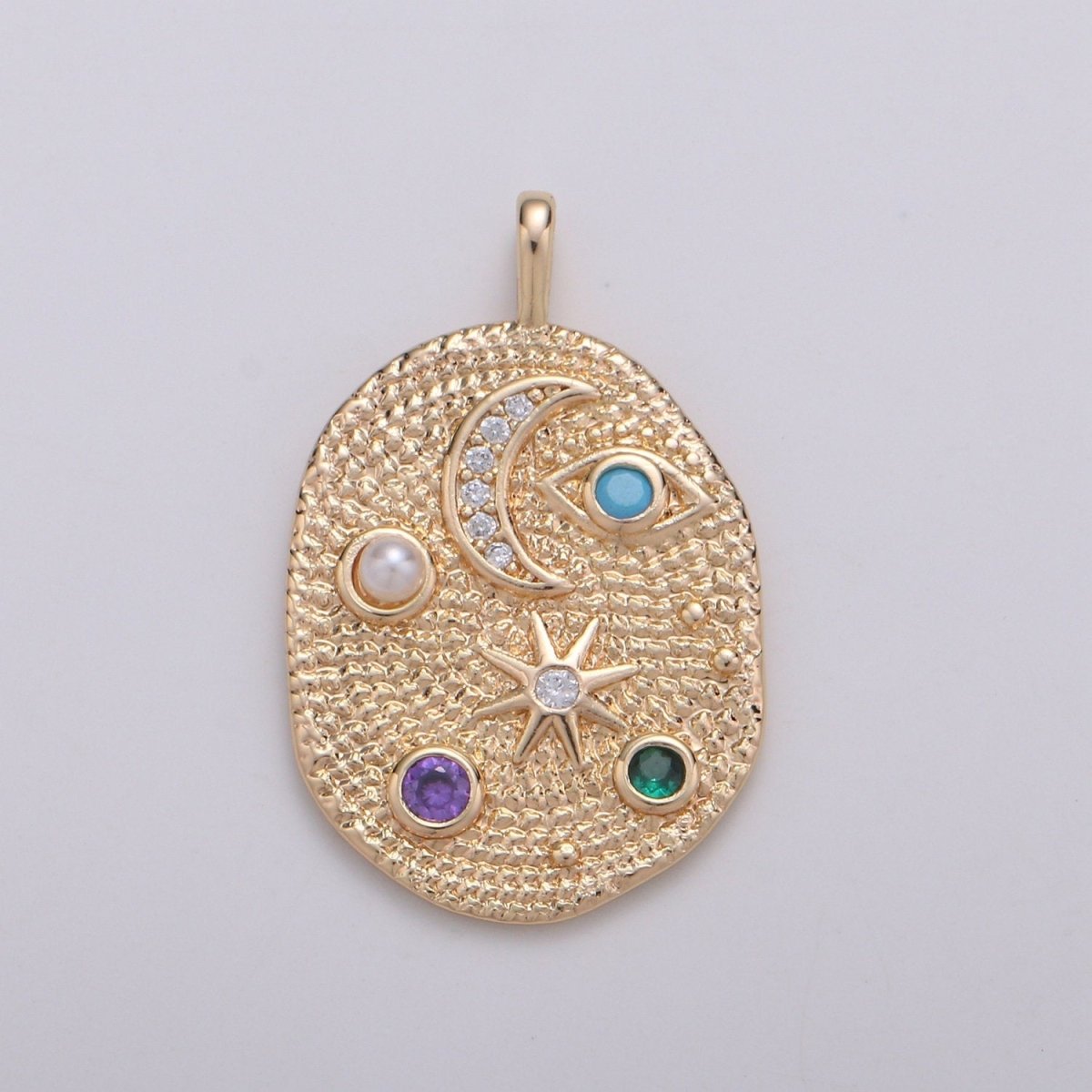 Pearl and Multi color CZ Planet in the Ovum Universe Pendant 14K gold Filled Charm, Star, Crescent Moon, Galaxy, DIY Jewelry Necklace making, D-739