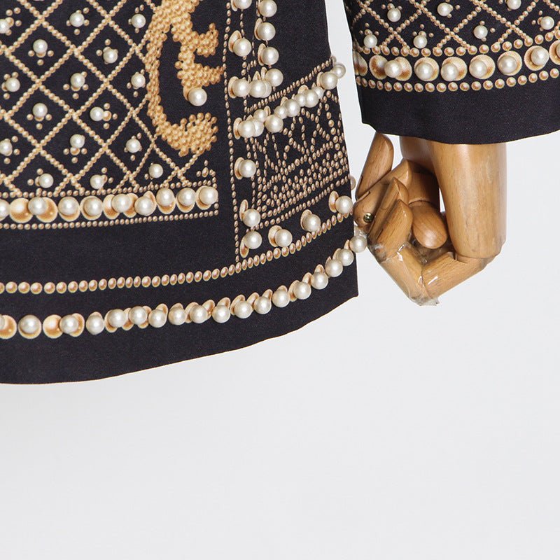 Pearl & Bead Embellished Vintage Blazer | Geometric Print Luxury Jacket(MS218)