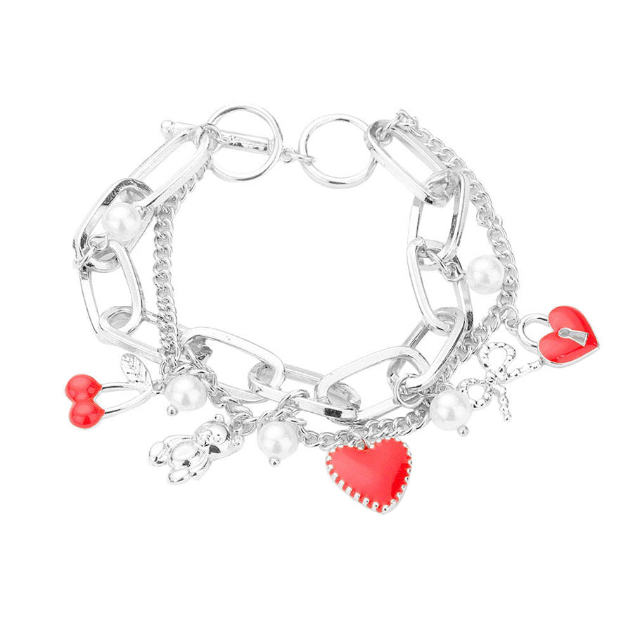 Pearl Bear Heart Bow Lock Charm Layered Toggle Bracelet