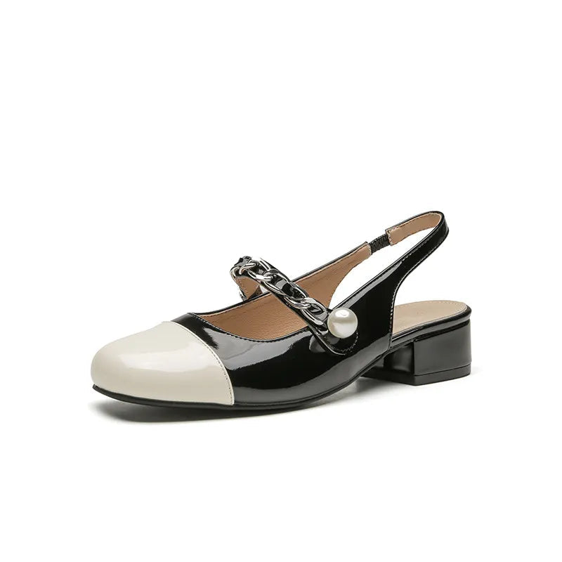 Pearl chain shallow mouth back hollow thick heel color blocked Mary Jane sandals for women