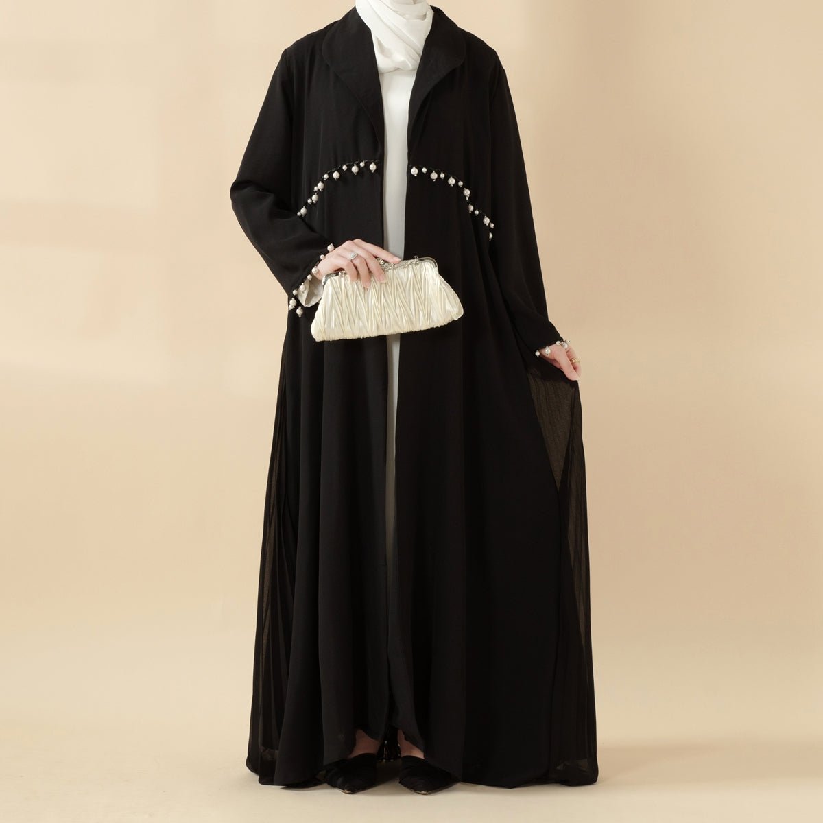 Pearl Embellished Accordion Pleat Back Open Abaya (MOA127)