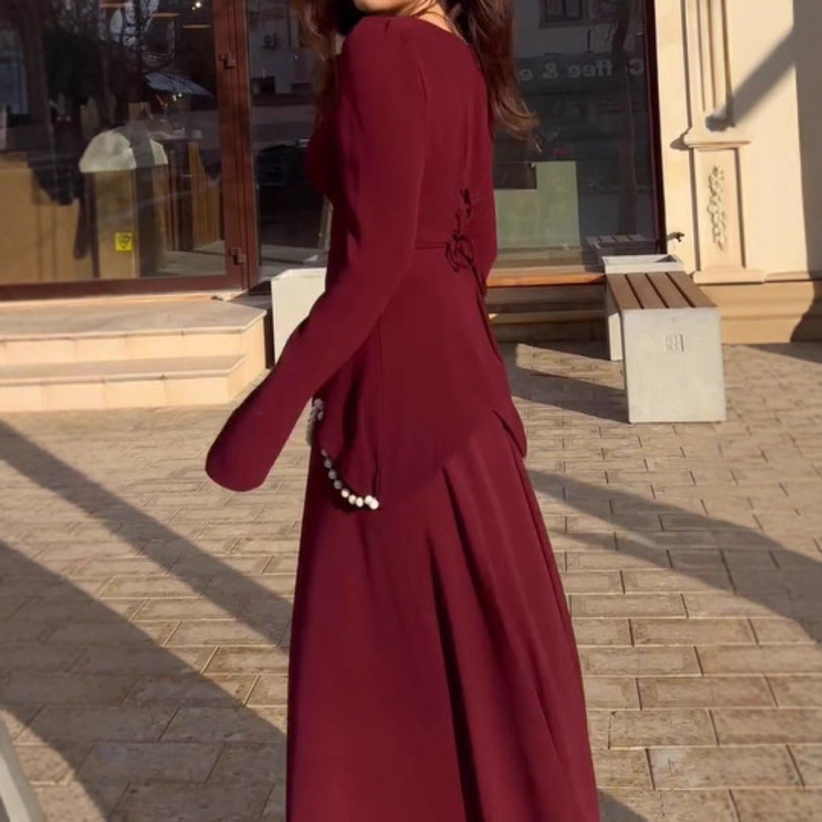 Pearl-Embellished Square Neck Maxi Dress | Modest Gowns with Long Sleeves(MA269)