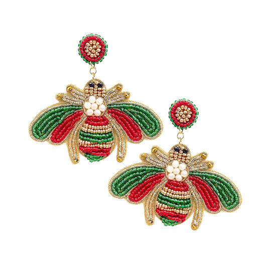 Pearl Seed Bead Honey Bee Earrings