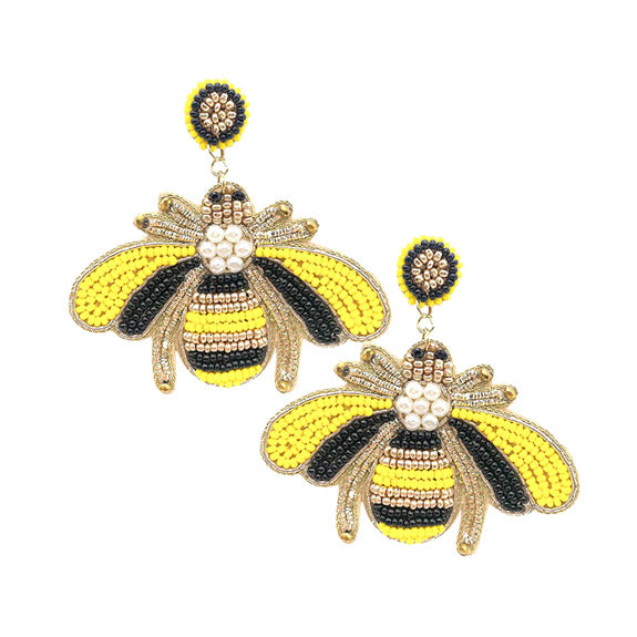 Pearl Seed Bead Honey Bee Earrings