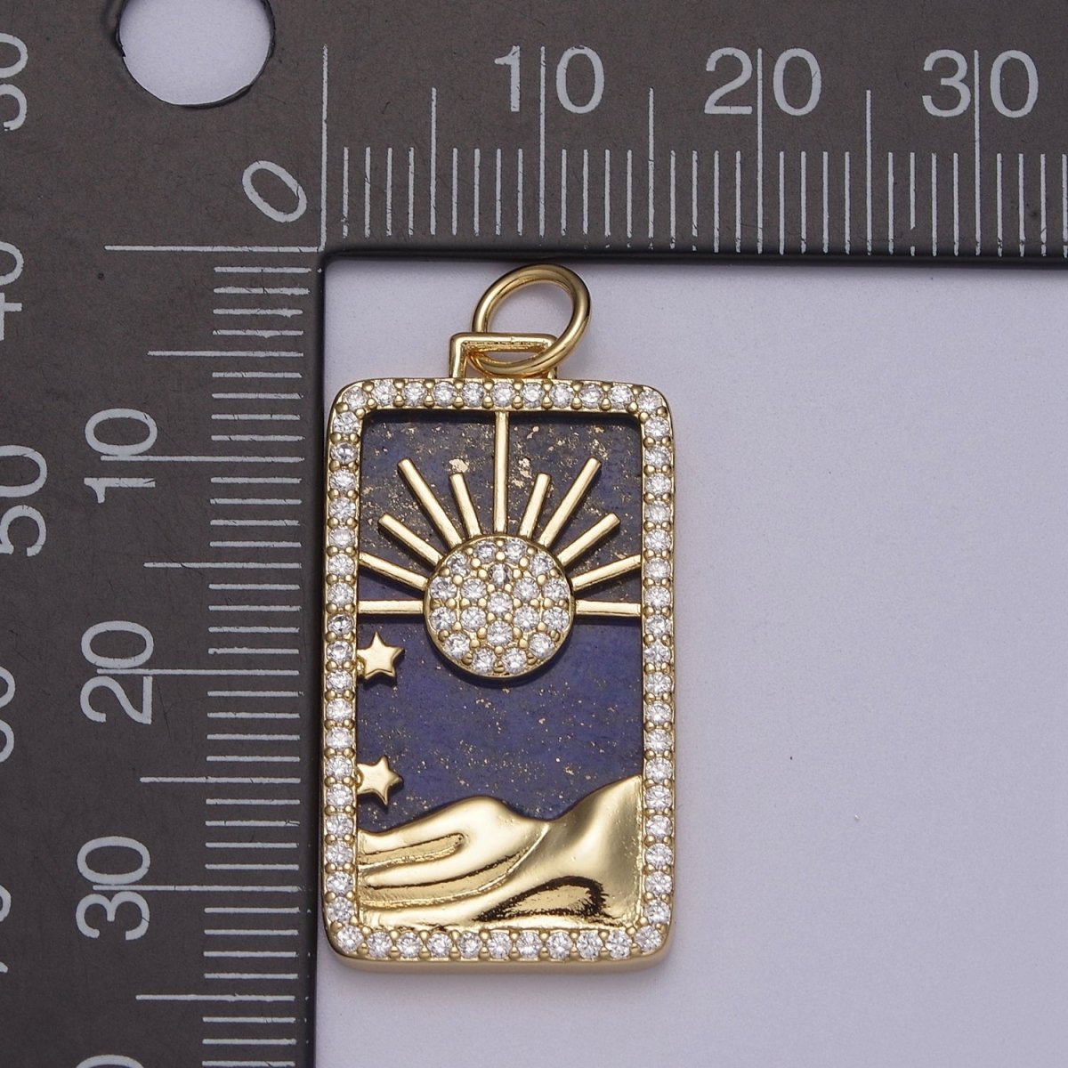 Pearl Sun Tag Charm Blue Lapiz Mountain Gold Filled Charm Clear CZ Tag Medallion Charm Pendant E-424 E-445