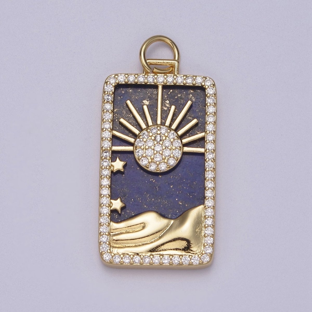 Pearl Sun Tag Charm Blue Lapiz Mountain Gold Filled Charm Clear CZ Tag Medallion Charm Pendant E-424 E-445