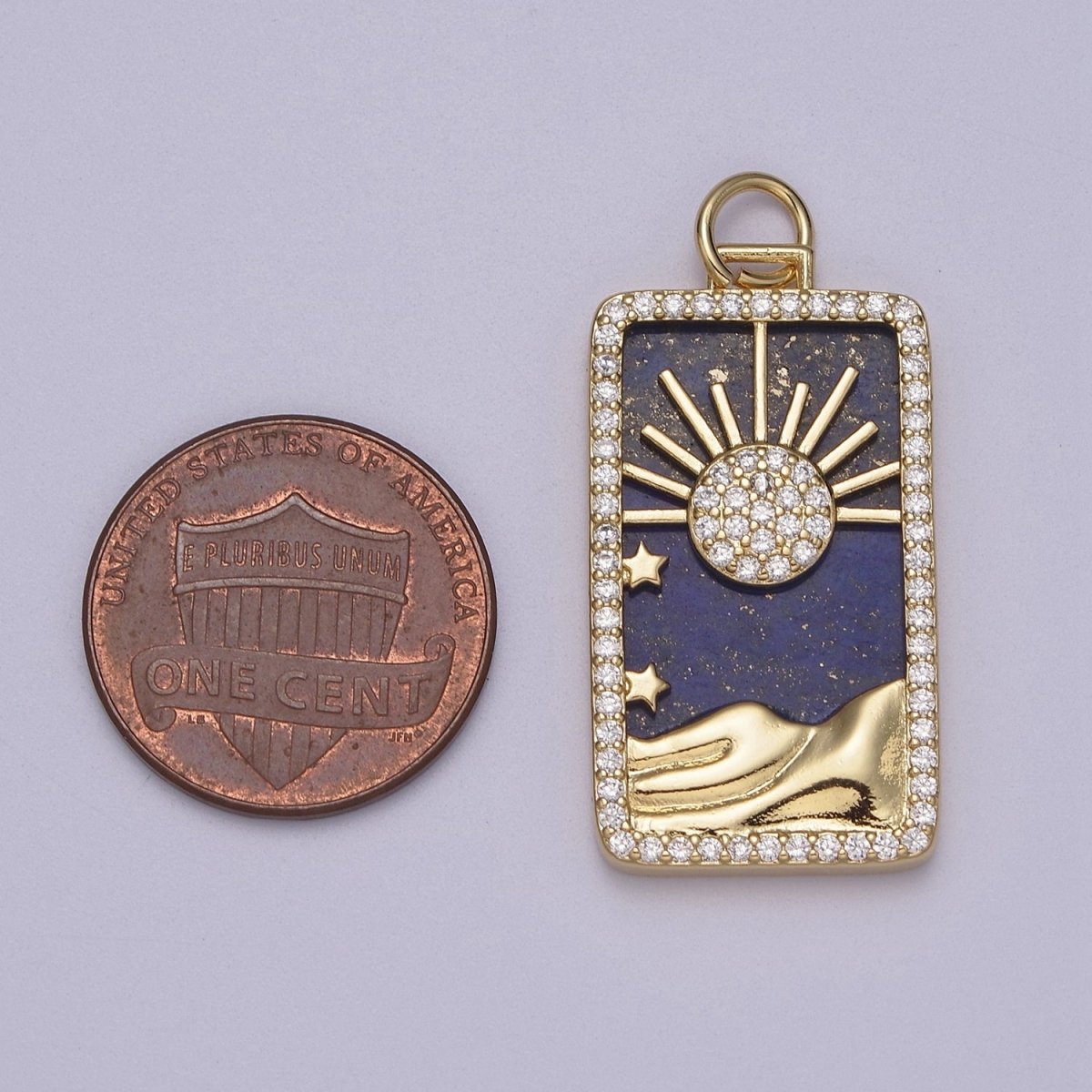 Pearl Sun Tag Charm Blue Lapiz Mountain Gold Filled Charm Clear CZ Tag Medallion Charm Pendant E-424 E-445