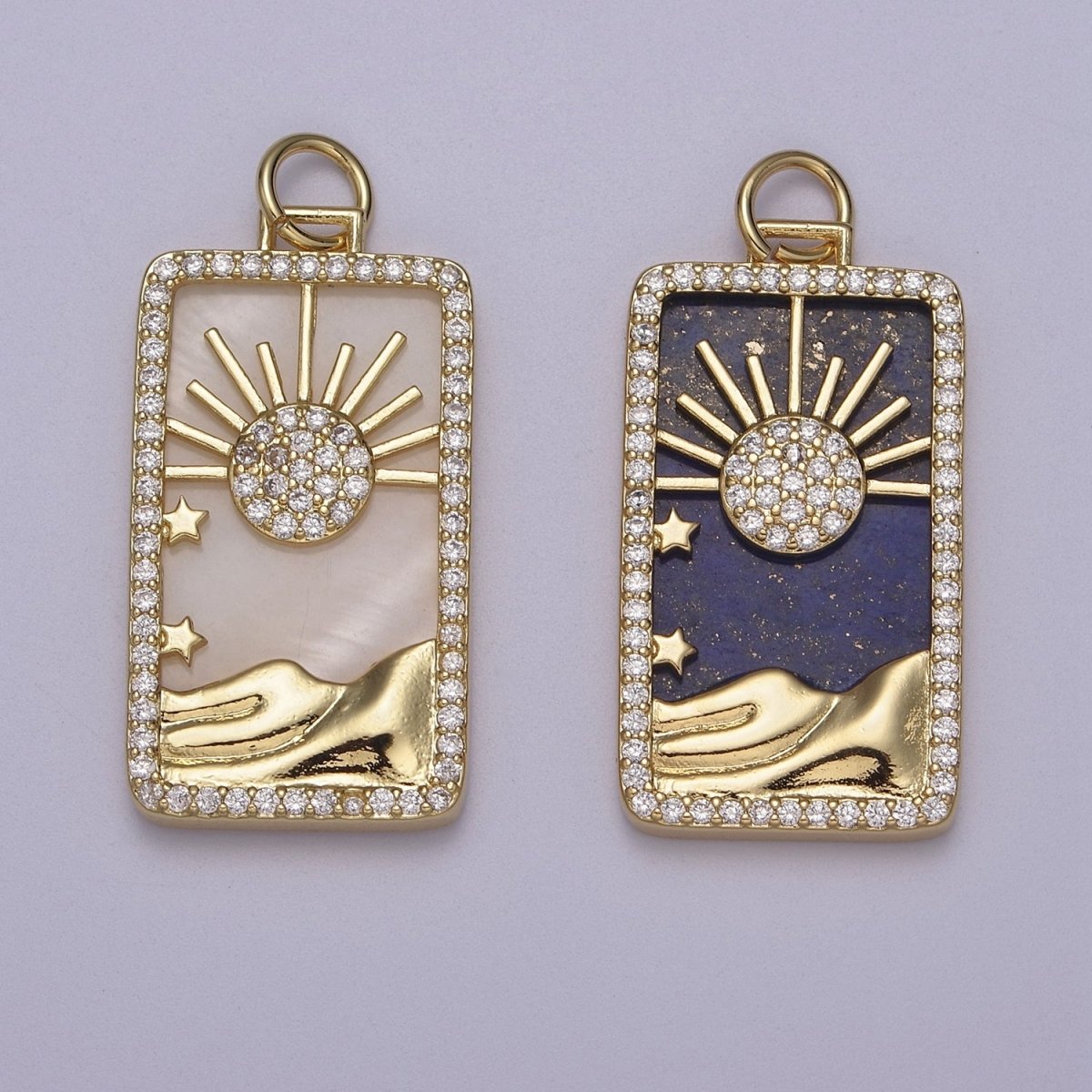 Pearl Sun Tag Charm Blue Lapiz Mountain Gold Filled Charm Clear CZ Tag Medallion Charm Pendant E-424 E-445