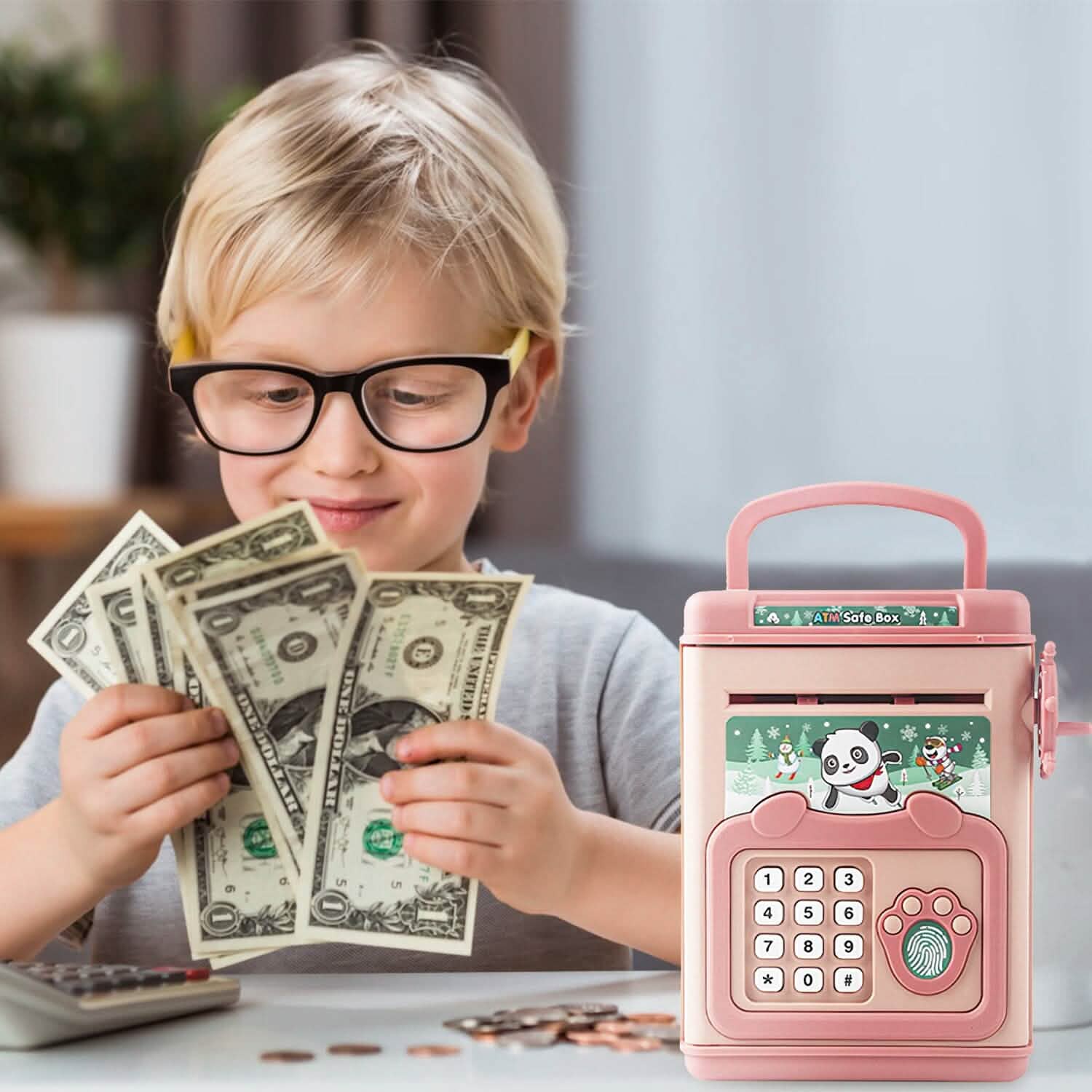 Tirelire Cochon Jouet Boîte à Économies pour Pièces et Billets avec Mot de Passe, Empreinte Digitale et Invite Vocale pour Enfants de 3 ans et Plus, Or