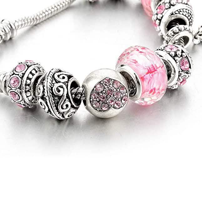 ピンククリスタルラブハートビーズガラスチャームブレスレット（エクステンダー付き）