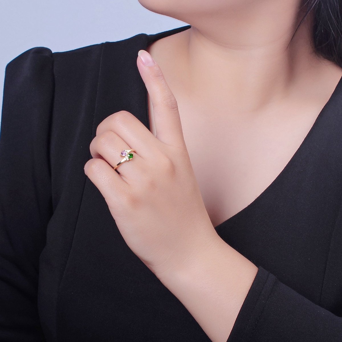 Pink Green Cz Stone Ring Dainty Ring O-2142