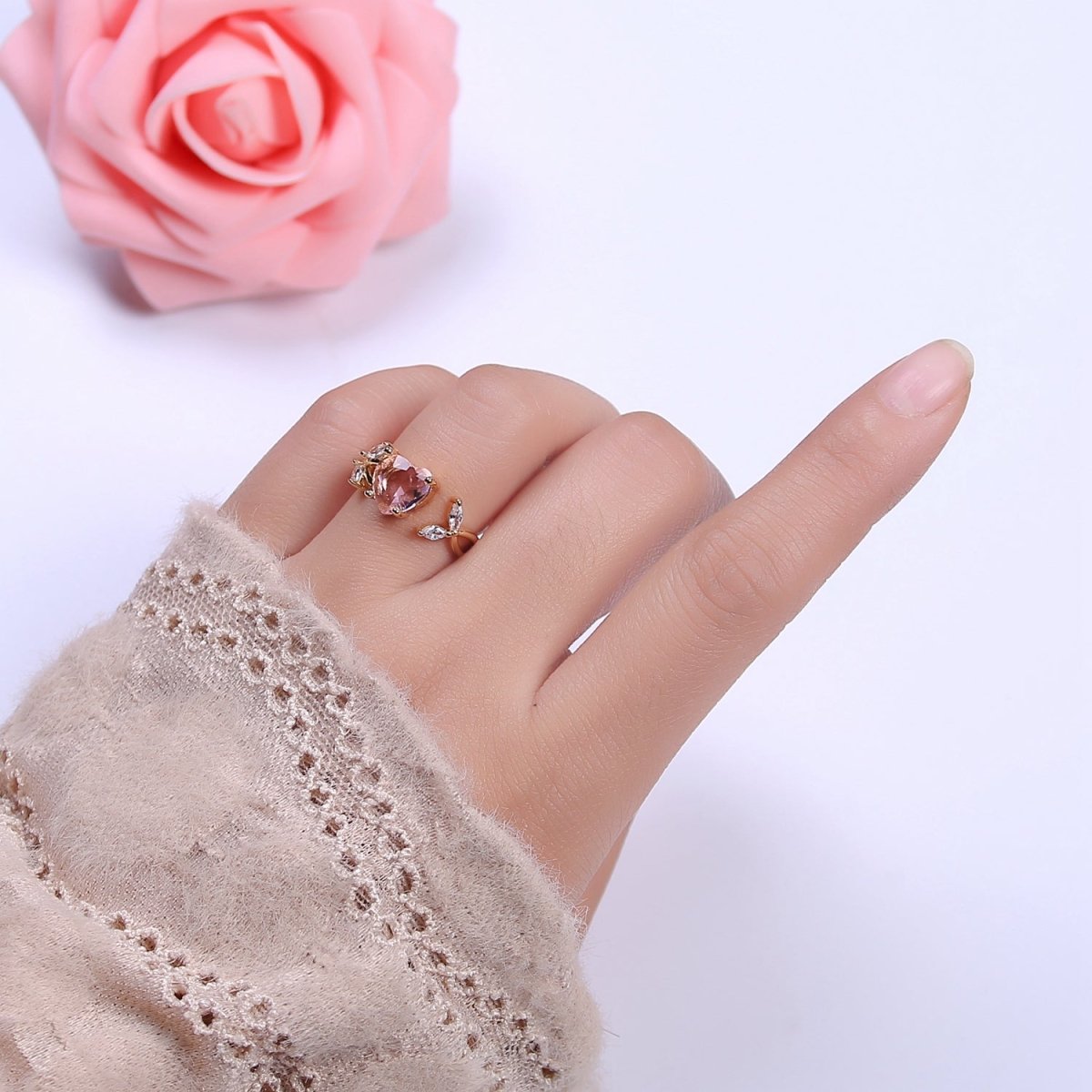 Pink Heart Ring, Gold Kawaii Ring Dainty Ring Open Adjustable Jewelry for Valentine Gift U-364