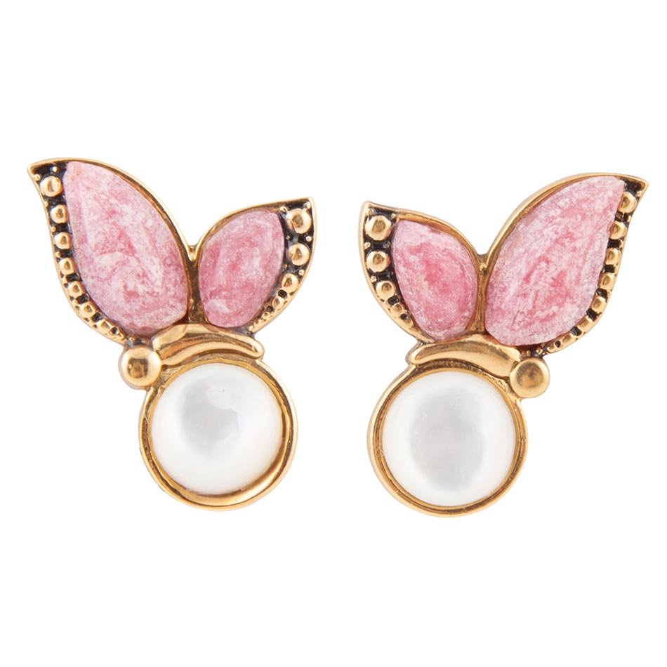 Pink Rhodonite and White Mother of Pearl Golden Butterflies Post Earrings