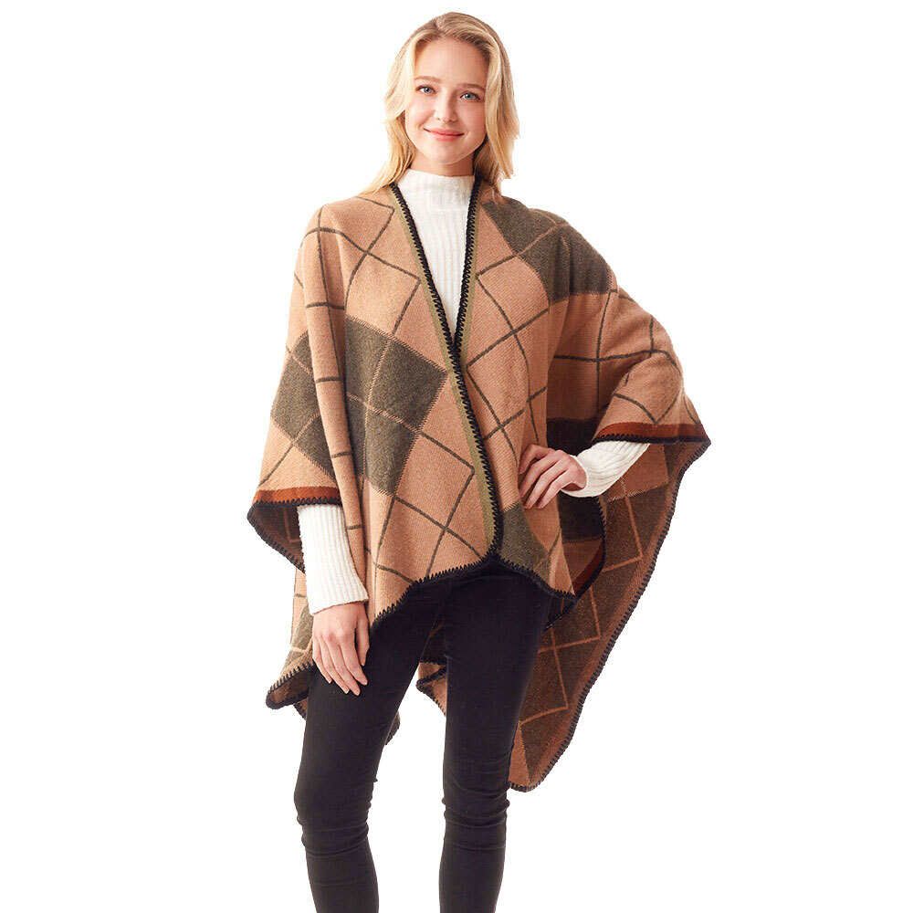 Plaid Check Patterned Stitch Ruana Poncho Wrap Shawl