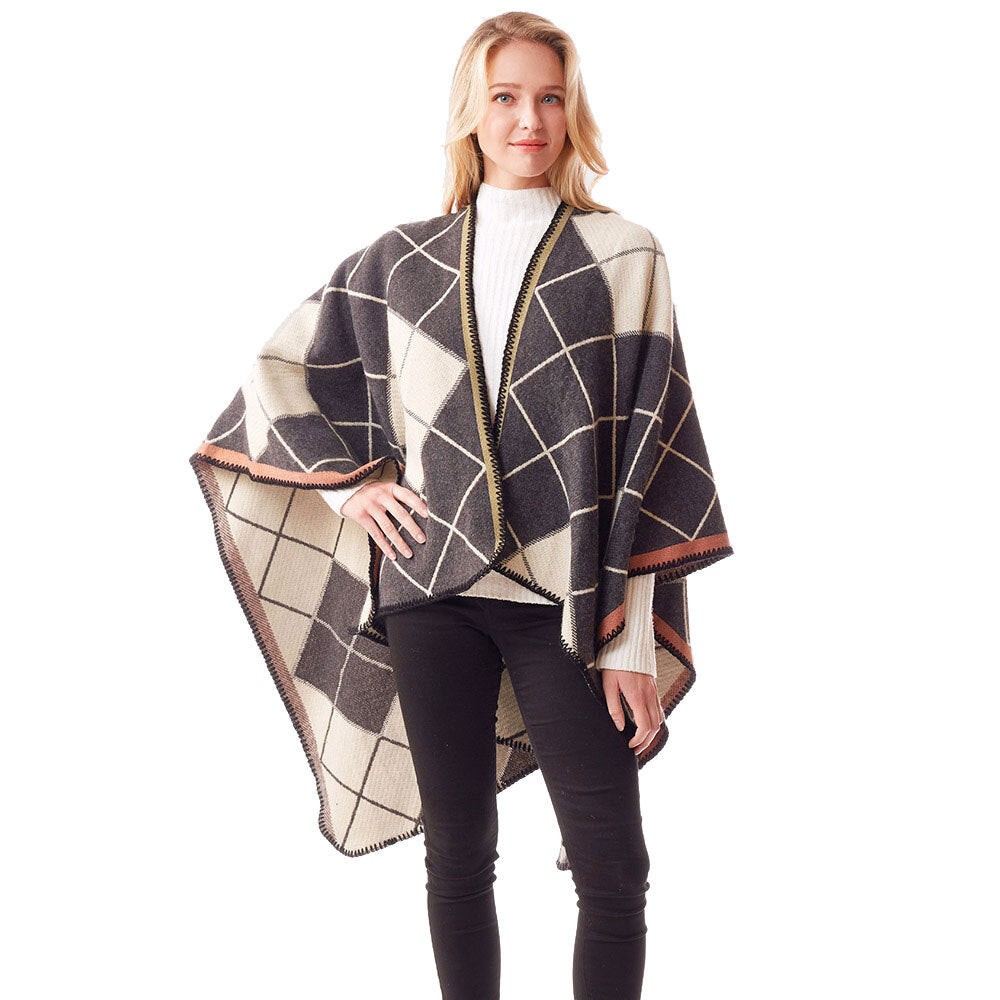 Plaid Check Patterned Stitch Ruana Poncho Wrap Shawl