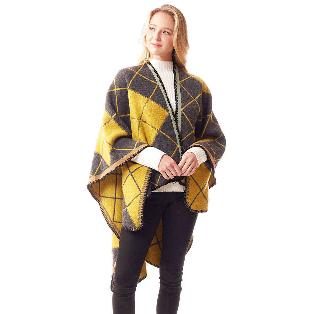Plaid Check Patterned Stitch Ruana Poncho Wrap Shawl