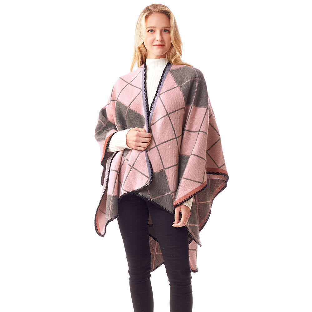 Plaid Check Patterned Stitch Ruana Poncho Wrap Shawl