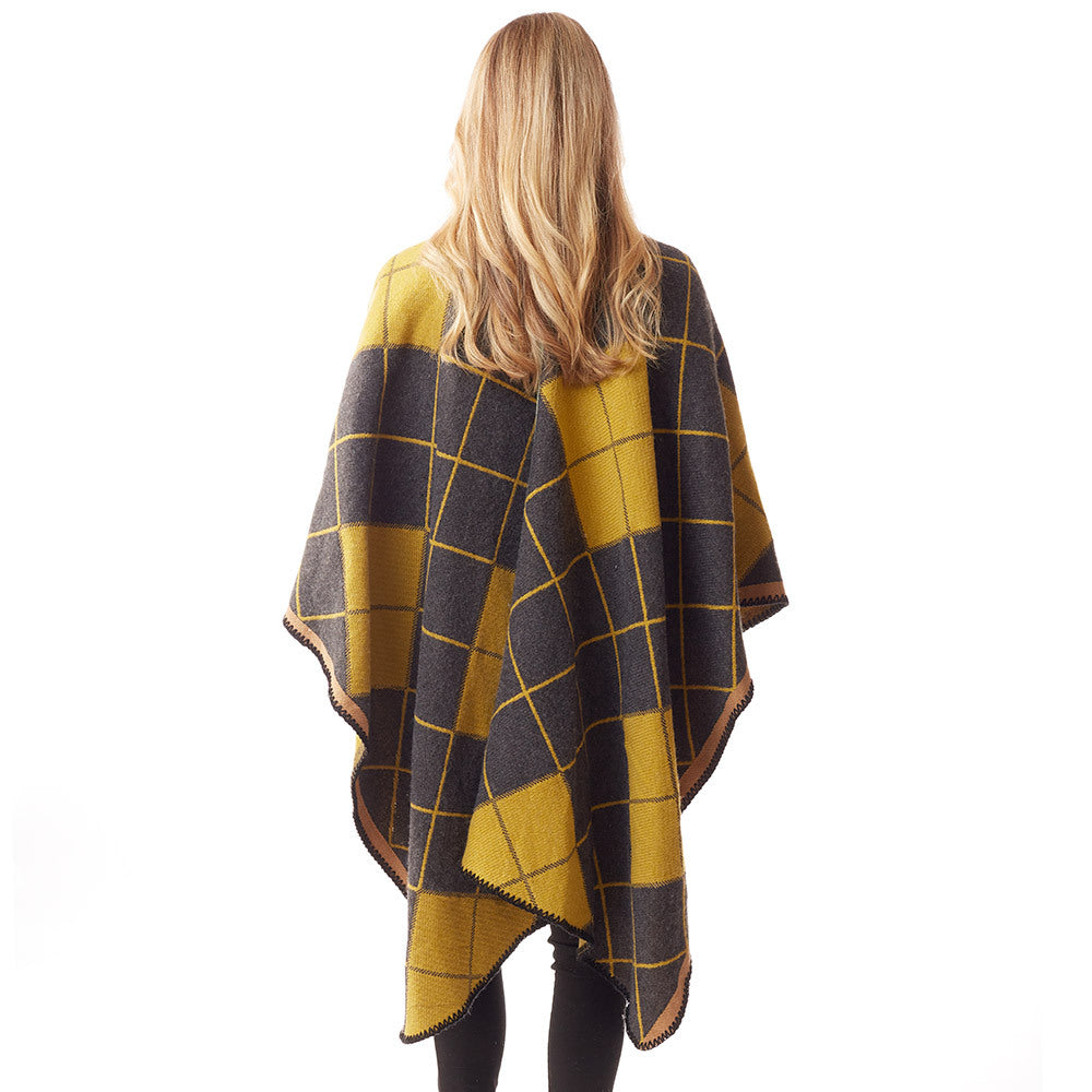 Plaid Check Patterned Stitch Ruana Poncho Wrap Shawl