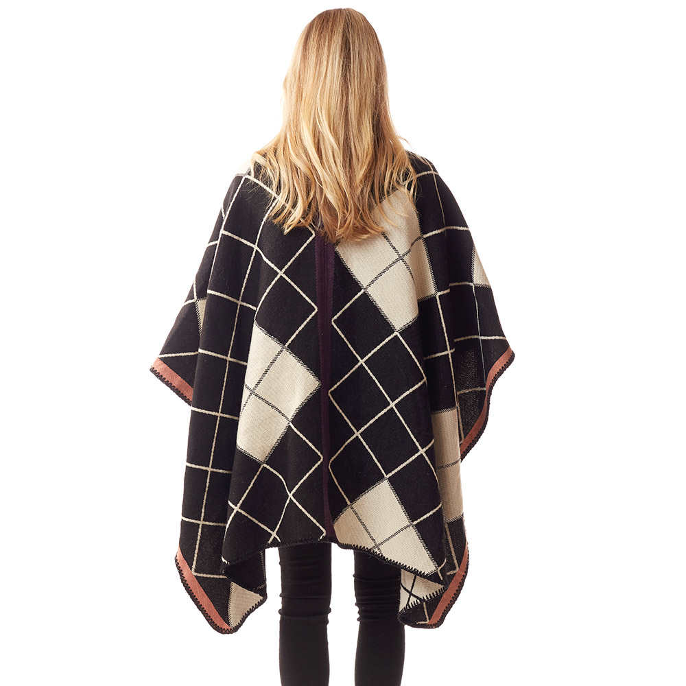 Plaid Check Patterned Stitch Ruana Poncho Wrap Shawl