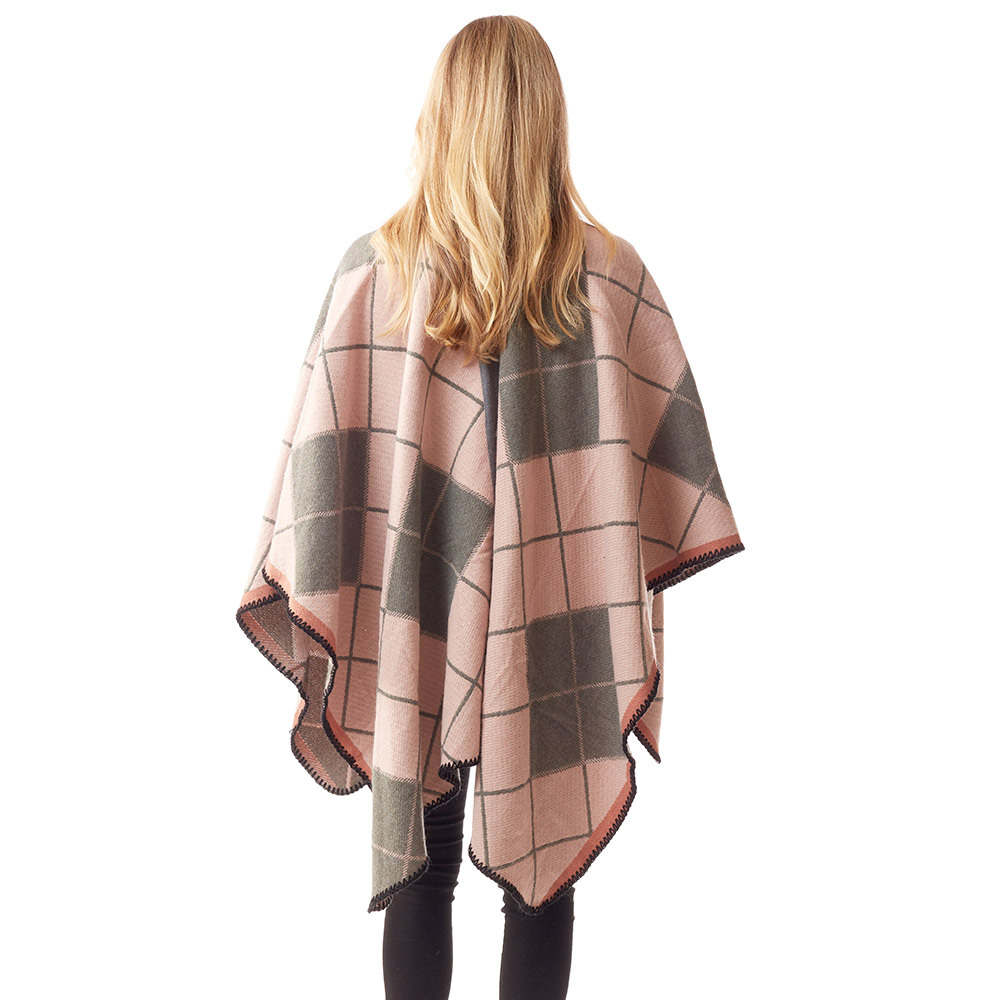 Plaid Check Patterned Stitch Ruana Poncho Wrap Shawl