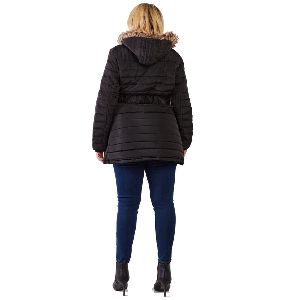 Doudoune longue matelassée à capuche en fausse fourrure avec ceinture, taille plus