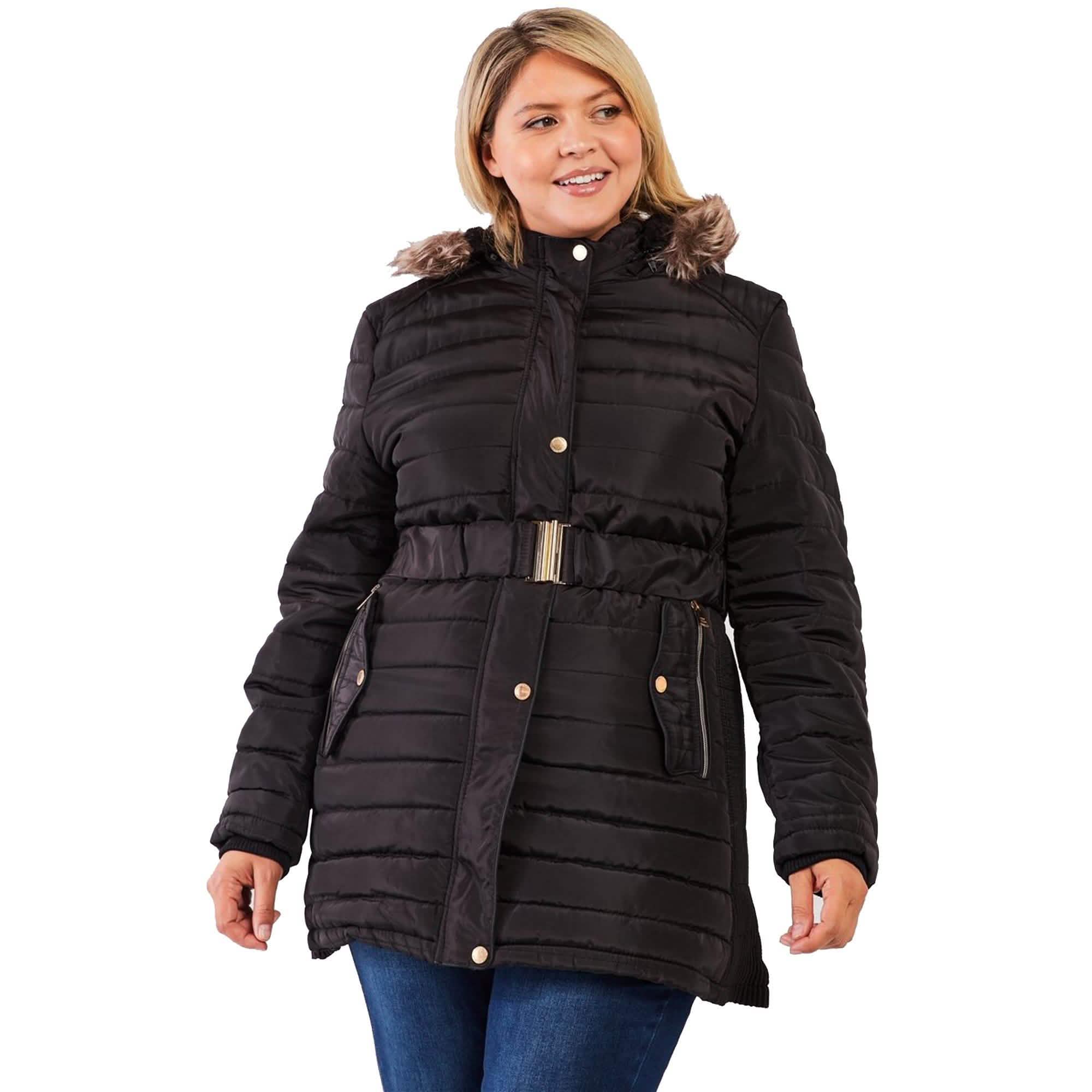 Doudoune longue matelassée à capuche en fausse fourrure avec ceinture, taille plus