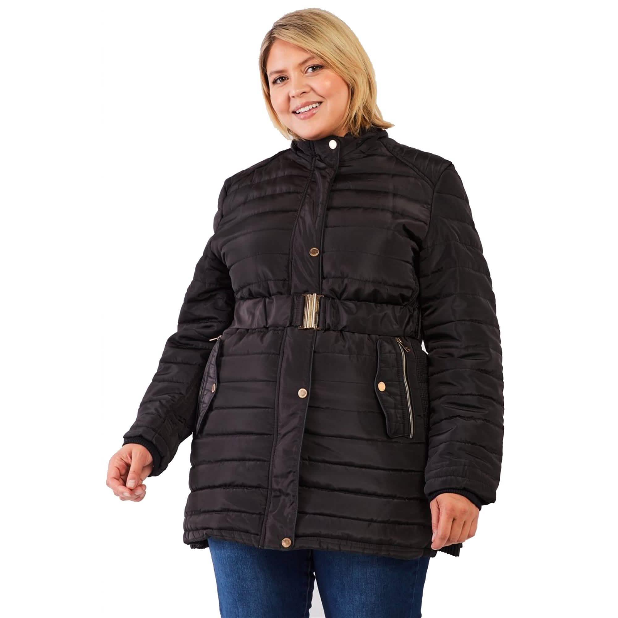 Doudoune longue matelassée à capuche en fausse fourrure avec ceinture, taille plus
