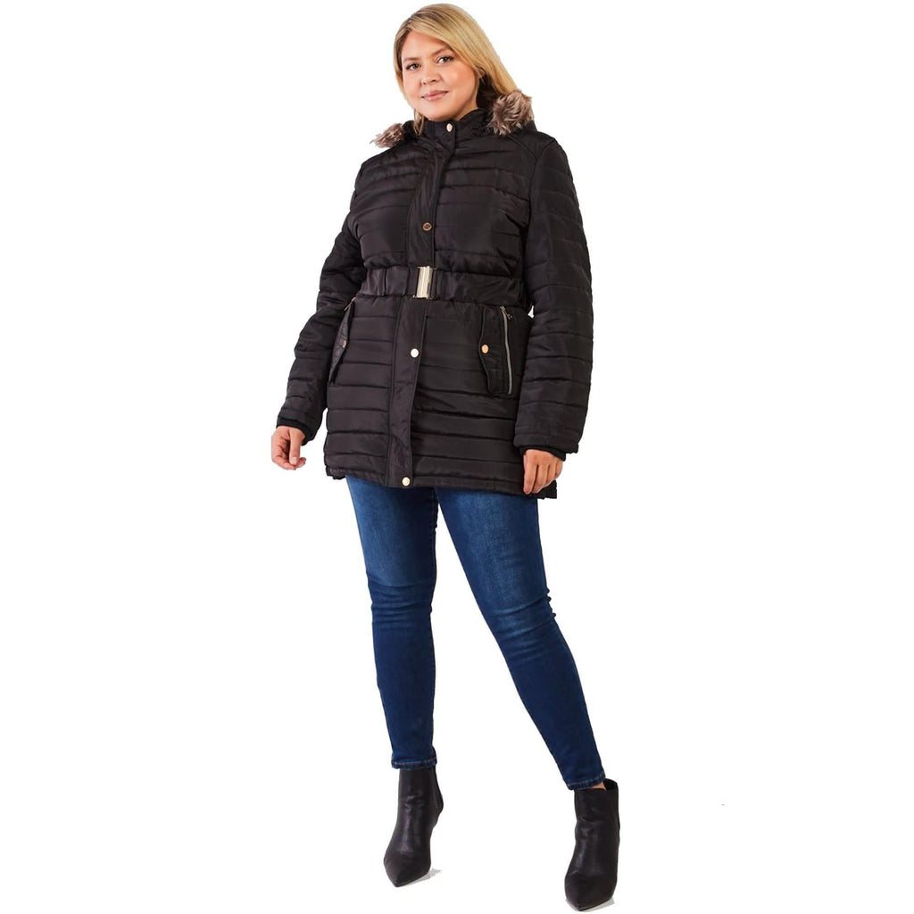 Doudoune longue matelassée à capuche en fausse fourrure avec ceinture, taille plus