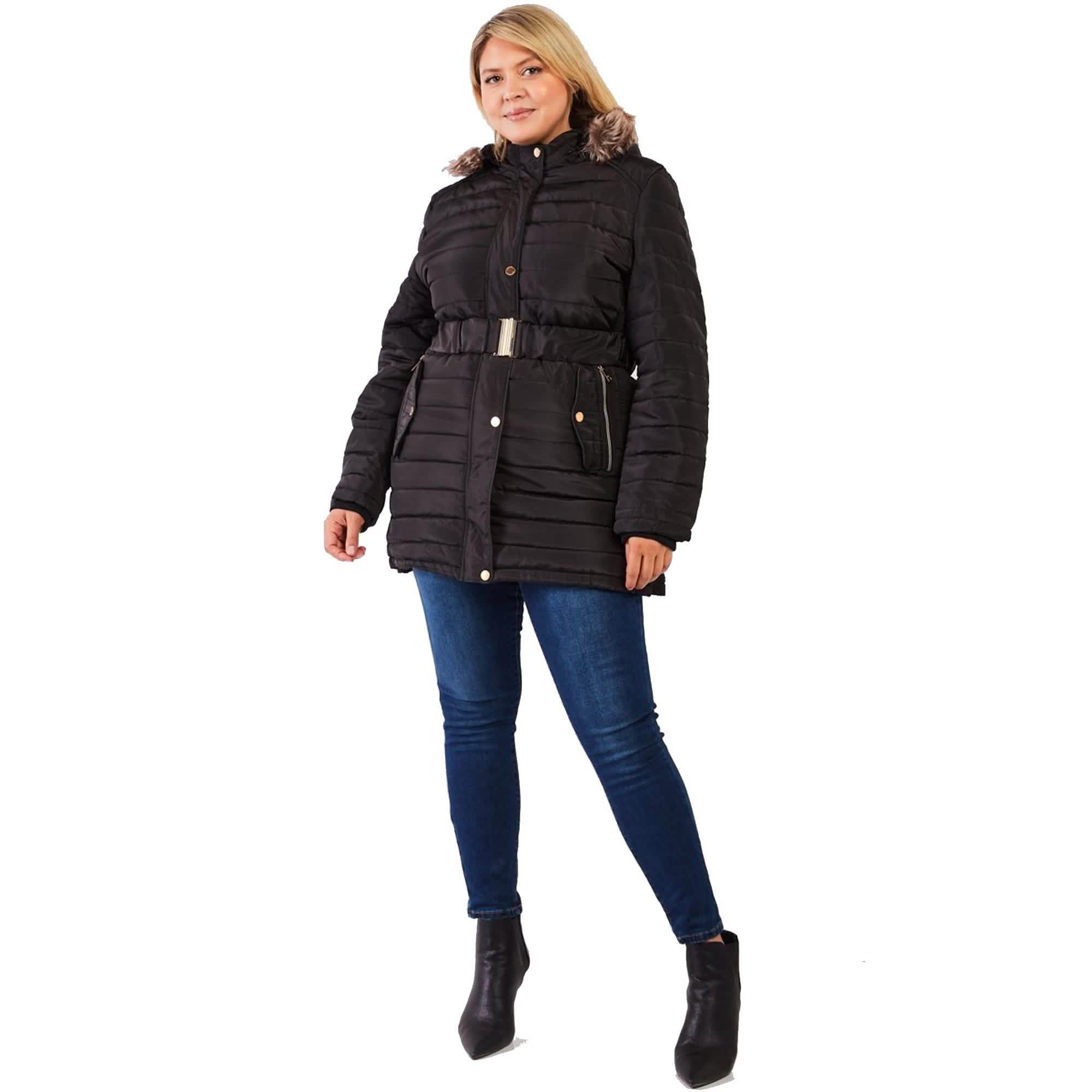Doudoune longue matelassée à capuche en fausse fourrure avec ceinture, taille plus