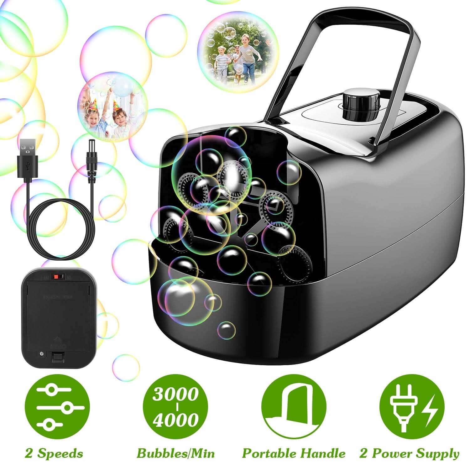Portable Bubble Blowing Machine  with 2 Speeds Handle 3000-4000 Bubbles Per Minute Plug-In Battery Powered