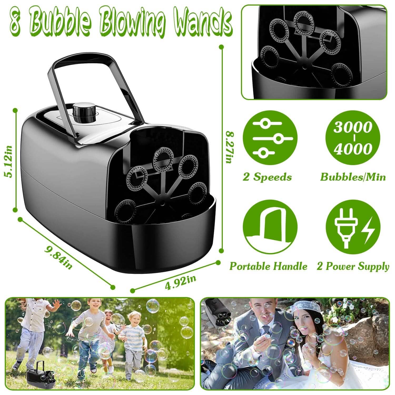 Portable Bubble Blowing Machine  with 2 Speeds Handle 3000-4000 Bubbles Per Minute Plug-In Battery Powered