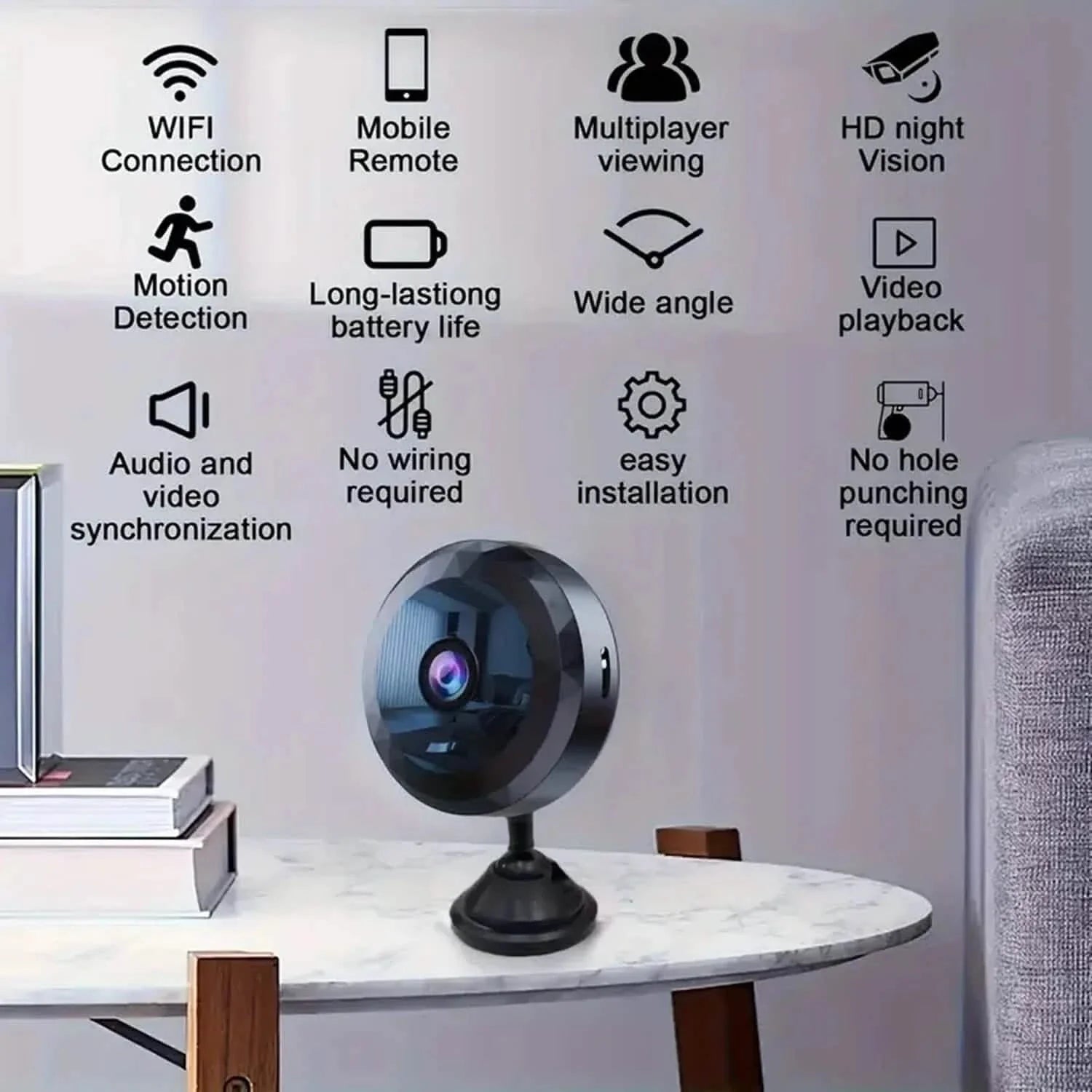 ポータブルミニ無線WiFiカメラ、屋内外監視用隠しナニーカメラ、ナイトビジョン付き