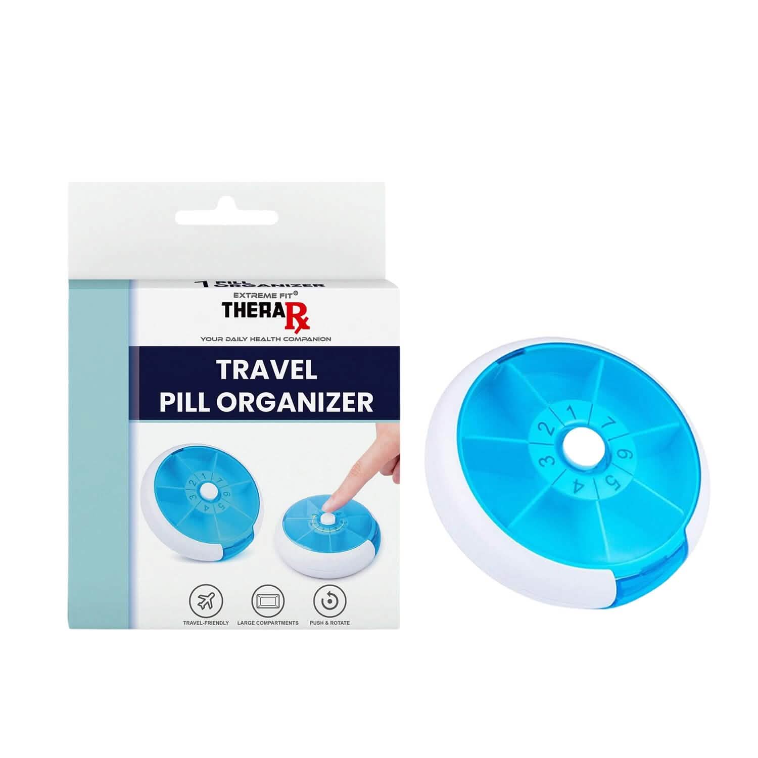 Organisateur de médicaments quotidien portable à bouton-poussoir rotatif et rond, pour une prise par jour