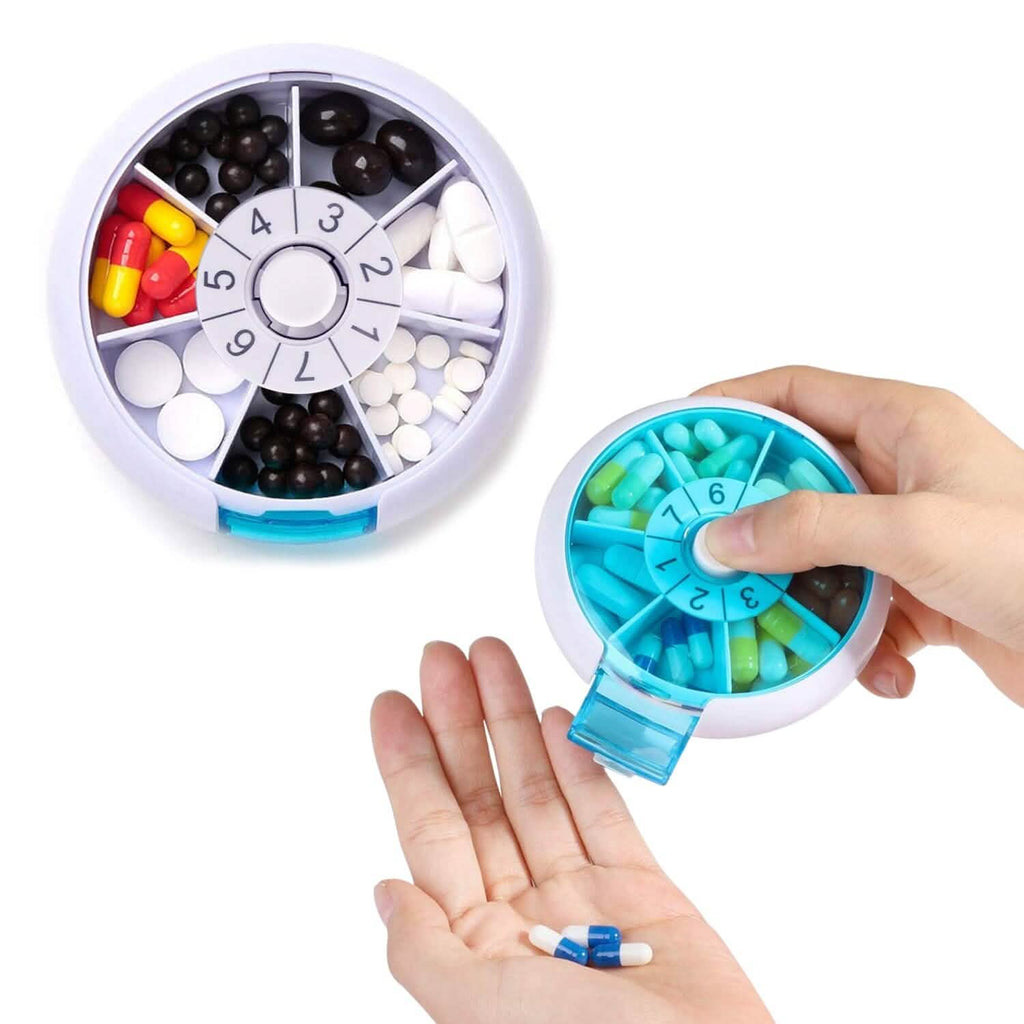 Organisateur de médicaments quotidien portable à bouton-poussoir rotatif et rond, pour une prise par jour
