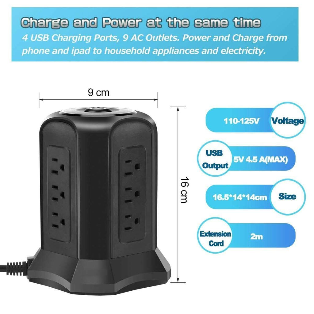 Multiprise Tour avec 9 Prises Secteur et 4 Ports de Charge USB, Interrupteur de Contrôle