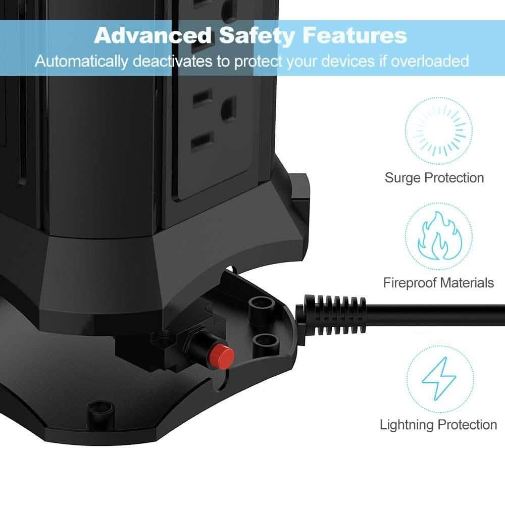 Multiprise Tour avec 9 Prises Secteur et 4 Ports de Charge USB, Interrupteur de Contrôle