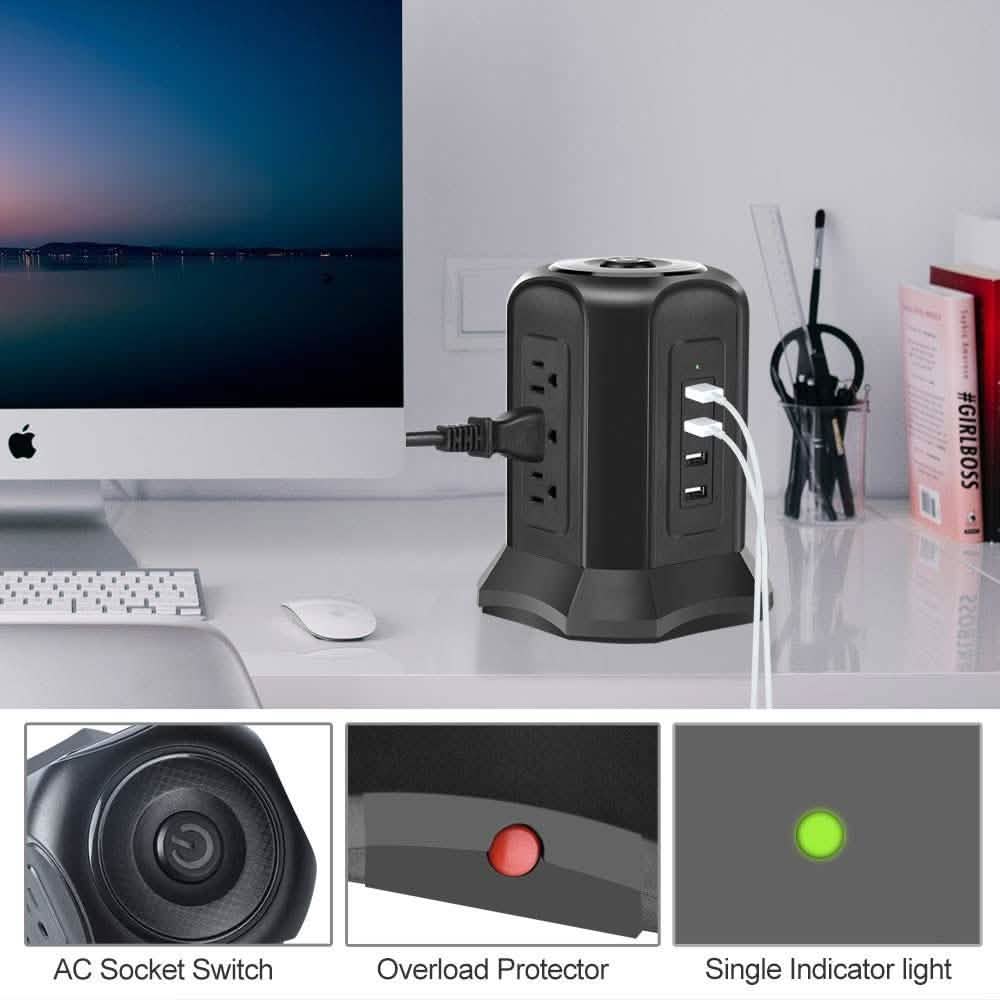 Multiprise Tour avec 9 Prises Secteur et 4 Ports de Charge USB, Interrupteur de Contrôle