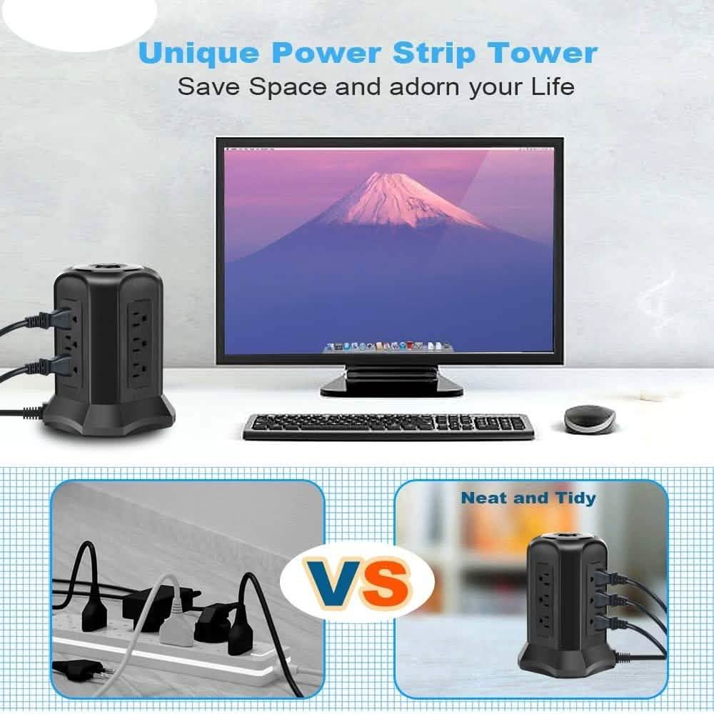 Multiprise Tour avec 9 Prises Secteur et 4 Ports de Charge USB, Interrupteur de Contrôle