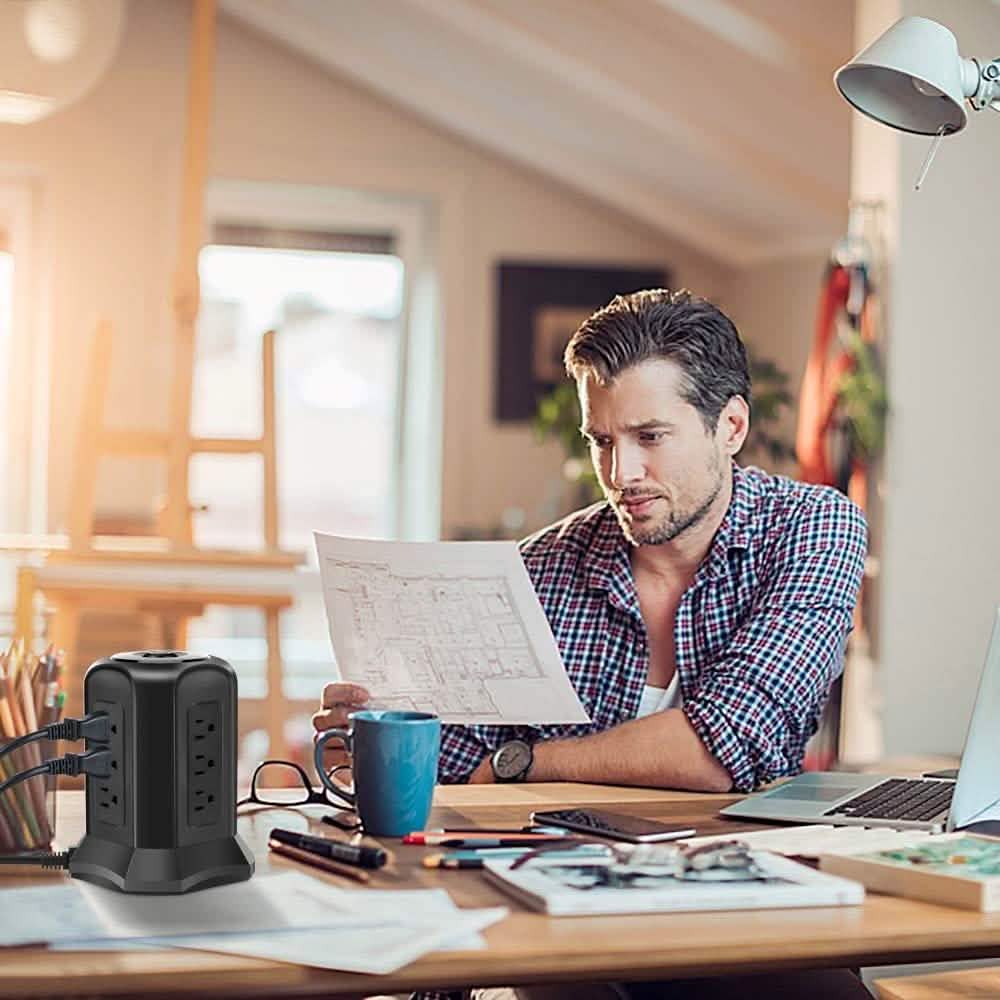 Multiprise Tour avec 9 Prises Secteur et 4 Ports de Charge USB, Interrupteur de Contrôle