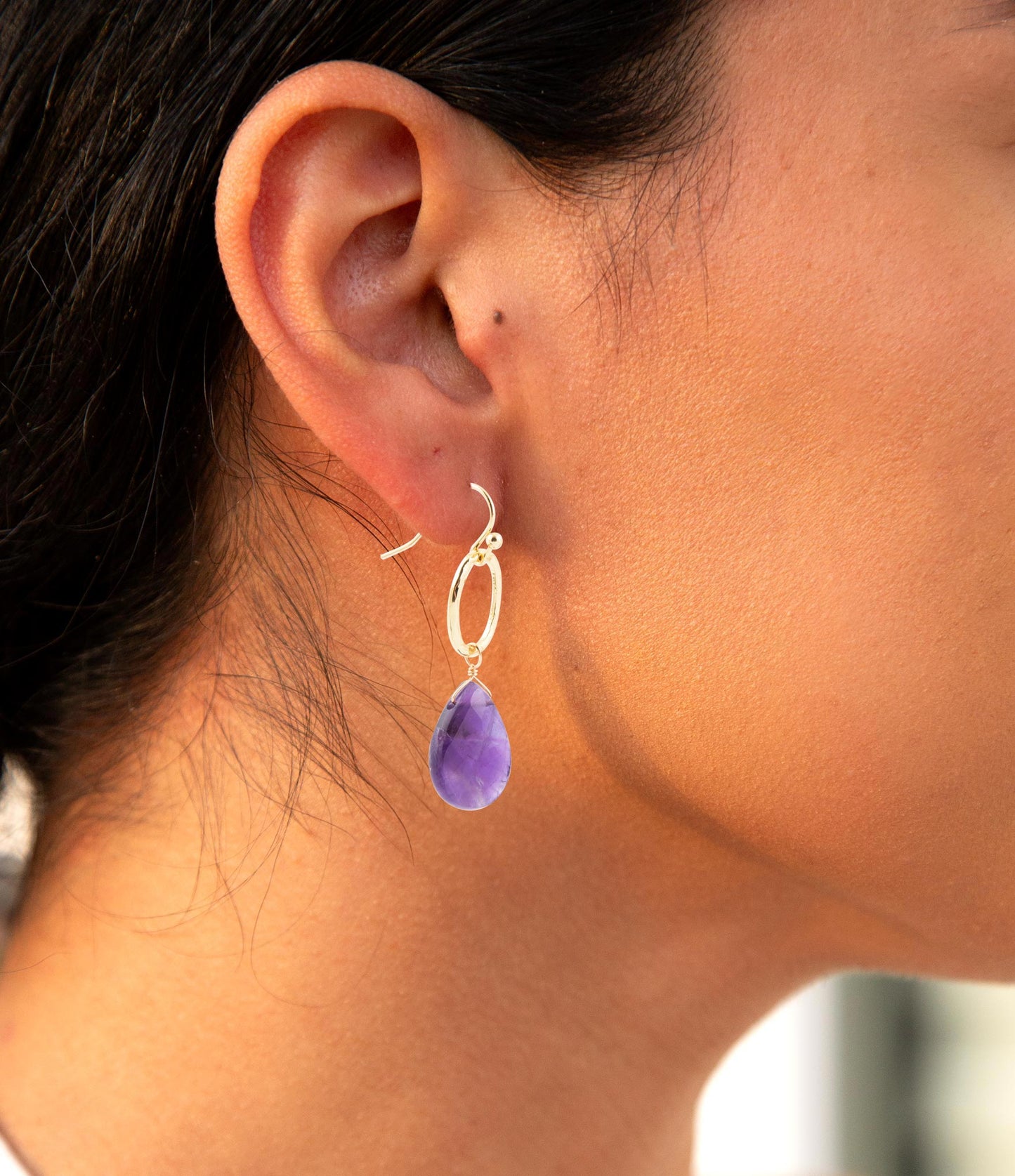 Pretty Drops of Purple Amethyst Golden Drop Earrings