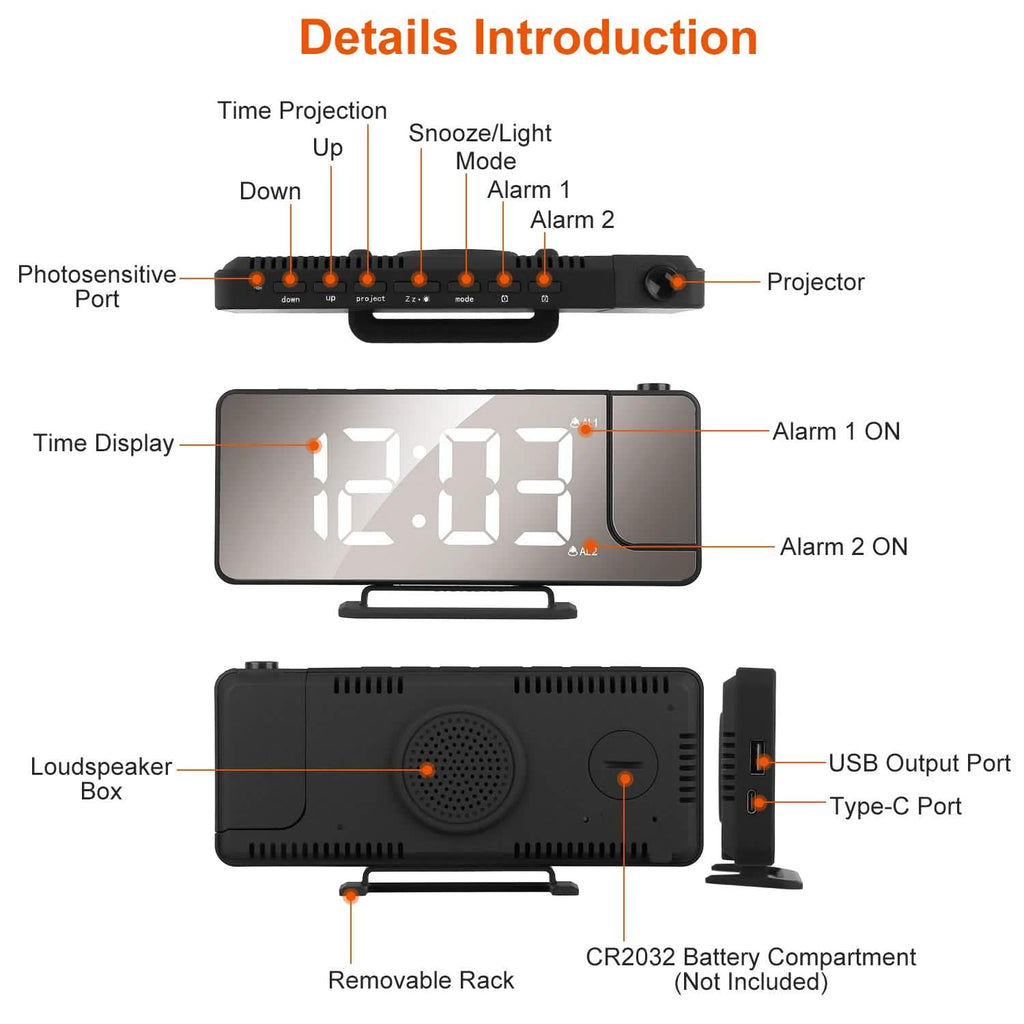 Projection Alarm Clock LED Digital Alarm Clock with Dual Alarms Snooze