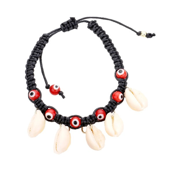 Puka Shell Evil Eye Cord Braid Adjustable Bracelet