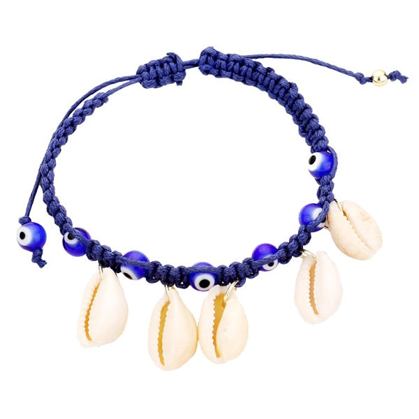 Puka Shell Evil Eye Cord Braid Adjustable Bracelet