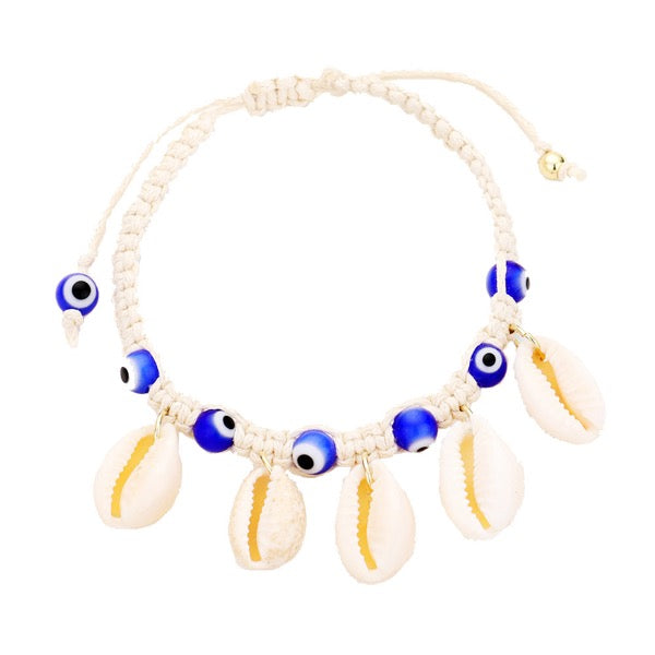 Puka Shell Evil Eye Cord Braid Adjustable Bracelet