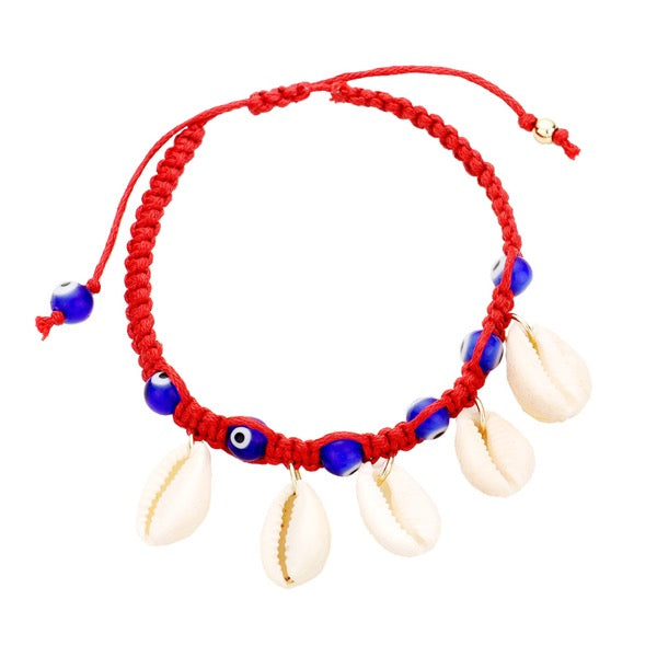 Puka Shell Evil Eye Cord Braid Adjustable Bracelet